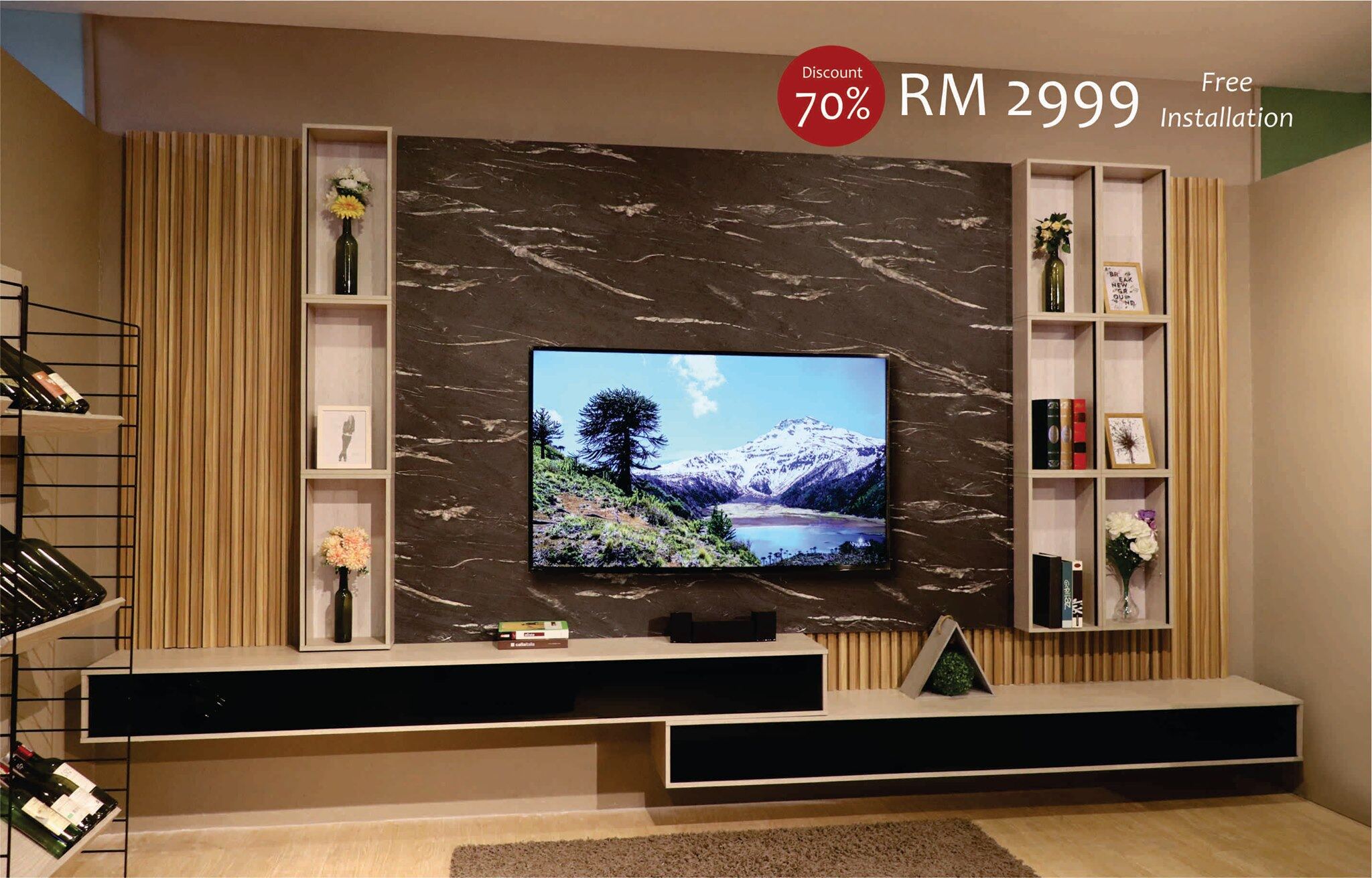  INSTALLATION INCLUDED 8 Feet Marble TV Cabinet Marble Wood Hang Wall 