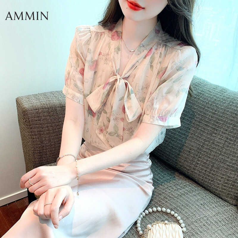 AMMIN summer new women's short-sleeved V-neck bow tie floral chiffon blouse