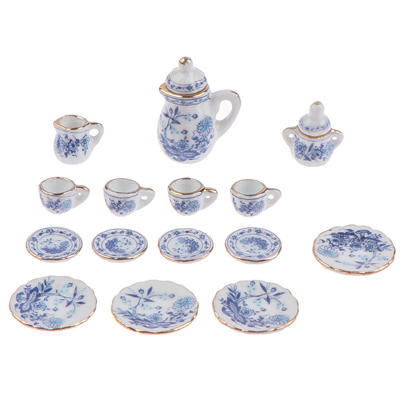 WXGRM 15Pcs 1:12 Dollhouse Miniature Tableware Porcelain Ceramic Tea Cup Set