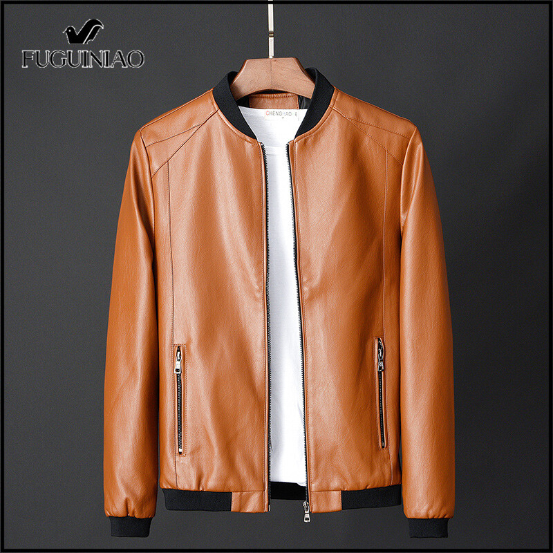 Fuguiniao Men's leather jacket motorcycle leather jacket Korean youth fashion casual self-cultivation（M-7XL）