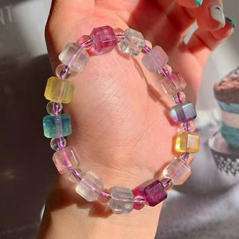 Natural fluorite block beads bracelet pinkycolor Rainbow color Crystal Bracelets Gorgeous dazzling