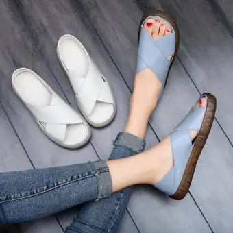 2019 Women S Summer Casual Pu Leather Flat Casual Sandals Soft Non