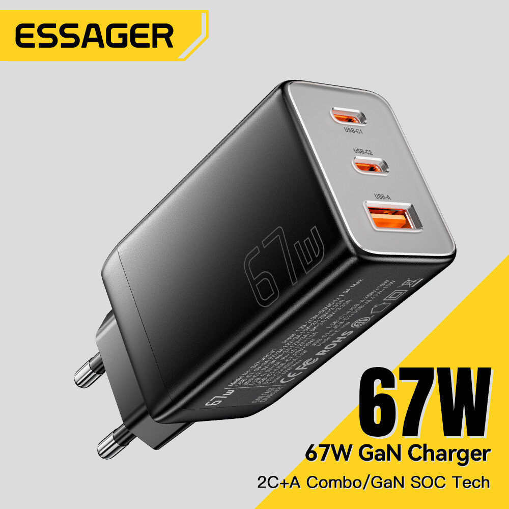 Essager 67w gan usba type c charger quick charge qc3.0 pd pps usb type c charger for iphone 15 14 13 macbook laptop ipad xioami samsung huawei mate 60 pro gan usba type-c super fast charge charger