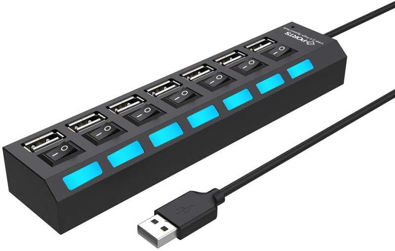 Multi Port USB Splitter, 7-Ports USB 2.0 Hub High Speed ON/Off Individual Switch with LEDs Compatible for All USB Device (Black-7 Ports)