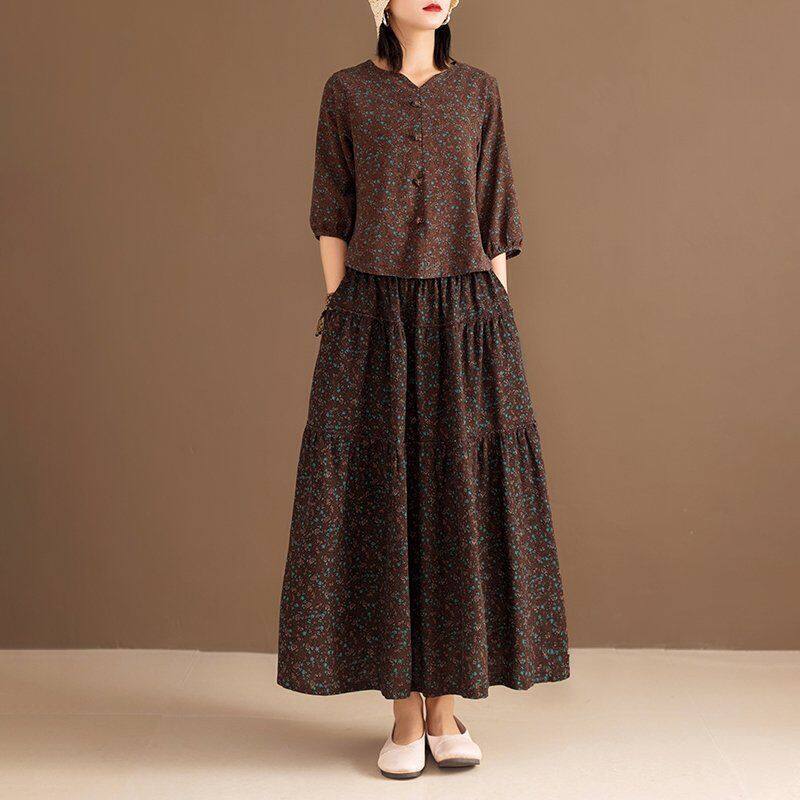 NQZZ Floral retro temperament mom suit spring and autumn new middle-aged women loose show thin top skirt two-piece set 101NP377