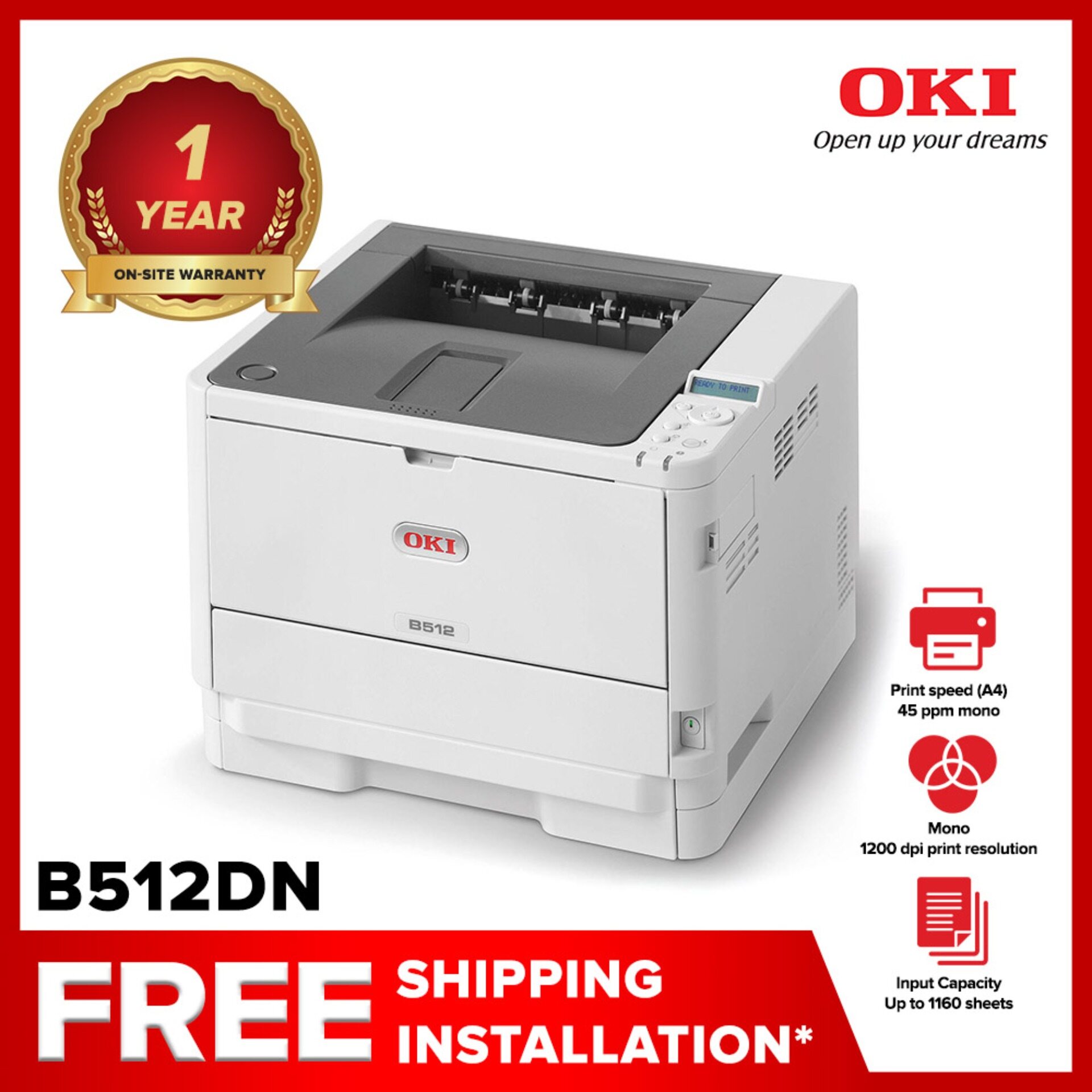 Imprimante Laser Mono OKI B512dn – 45 Ppm, 1200x1200 DPI, Recto-verso Auto. Parfaite Pour Bureau Et Impressions Intensives.