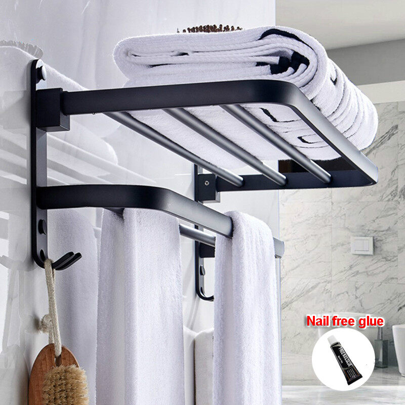 Bathroom Towel Rack Space Aluminum Holder With Hook Black Accessories