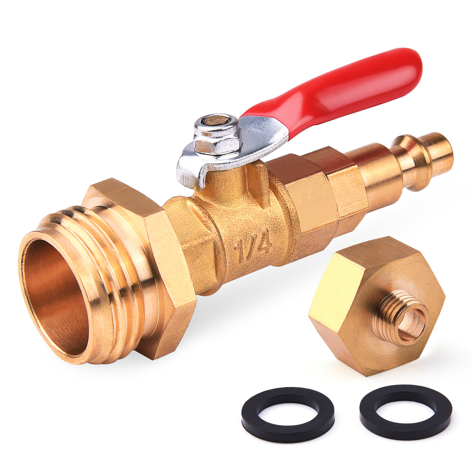 QWORK Winterize Adapter Brass Winterizing Quick Blowout Adapter with Ball Valve with 1/4 Inch Male Quick Connecting Plug and 3/4 inch Male GHT Thread Pack of 2 