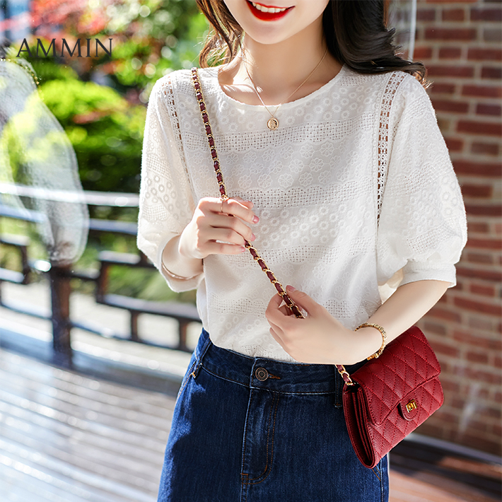 AMMIN Korean style embroidered lantern sleeves white short-sleeved lace Top For Women cotton fashion all-match casual slim lace shirt