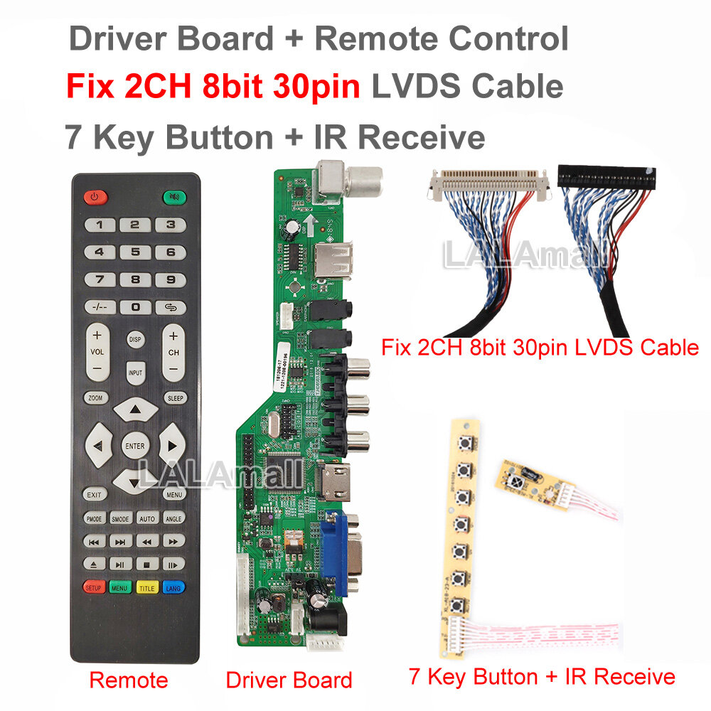 1set no need firmware t.hd8503.03c driver board + 7key button board + 2ch 8bit 30pins lvds cable, free program universal lcd controller board tv motherboard tv/av/pc/hdmi/usb media
