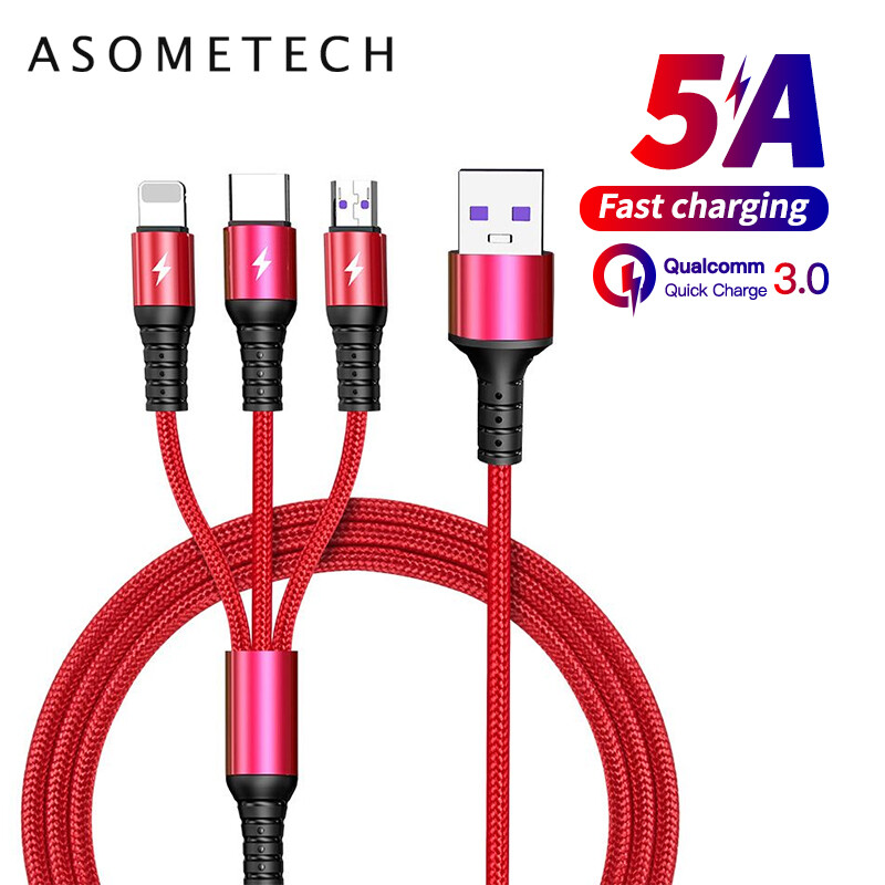 Cáp USB Asimetech 3 Trong 1, Cáp Sạc Nhanh USB Type C Cho Oppo A9 A5 2020 Xiaomi Vivo Y30 Y50 Samsung iPhone Huawei Điện Thoại Di Động