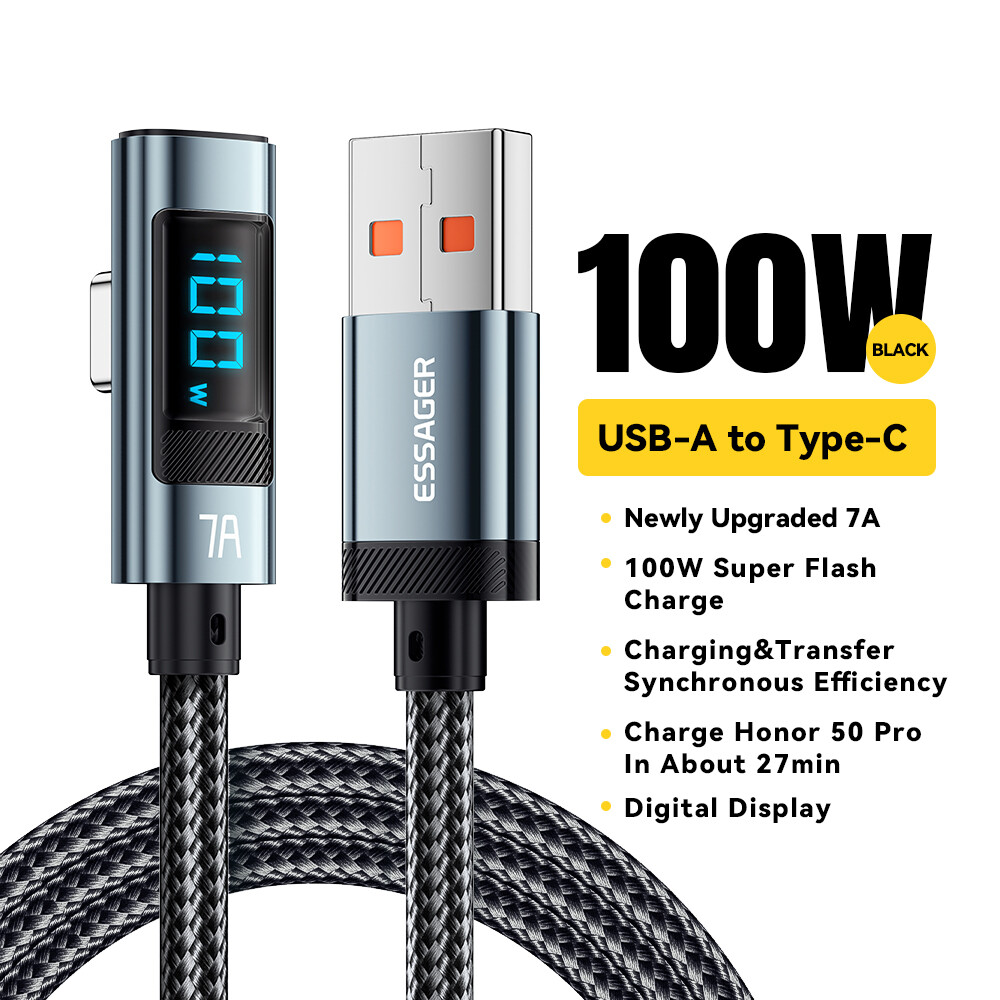 Essager pd 100w 7a usb type c cable elbow display fast charging usb c bend data cable for huawei oneplus samsung honor oppo vivo xiaomi charger cord