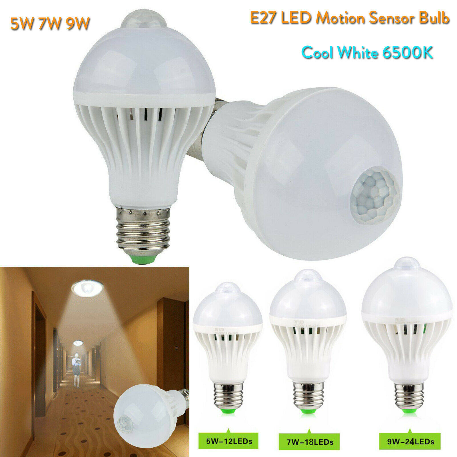 E27 led induction light bulbs motion sensor 5w 7w 9w 2835 smd 85-265v cool white 6500k stairs corridor night security lamp