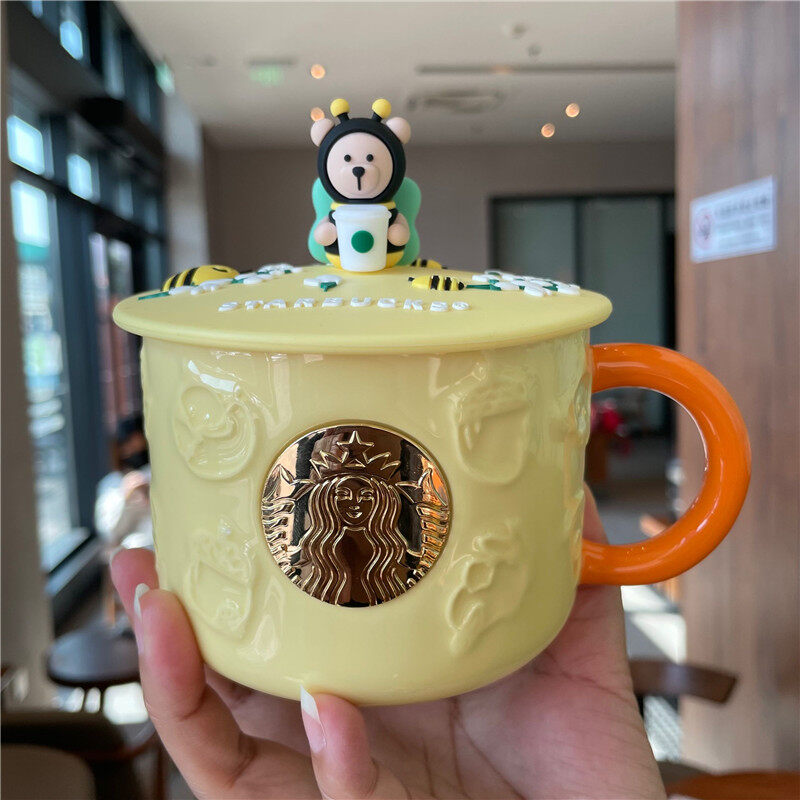 Starbuck Cup Autumn Maple Leaf Cute Fox Shape Bronze Ceramic Mug Desktop Cup Coffee Cup with Cover