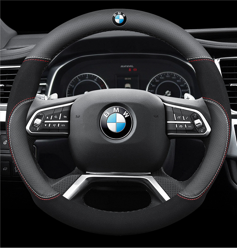 BMW Car Steering Wheel Cover (Round Shape Black) Leather Suitable for