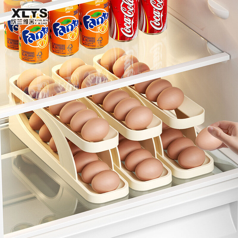 XINLANYASHE [Miễn Phí Vận Chuyển]Loại trượt trứng hoạt hình tủ lạnh cửa bên dành riêng tự động kép trứng Máy cuộn bàn bếp chống thả trứng hộp lưu trữ