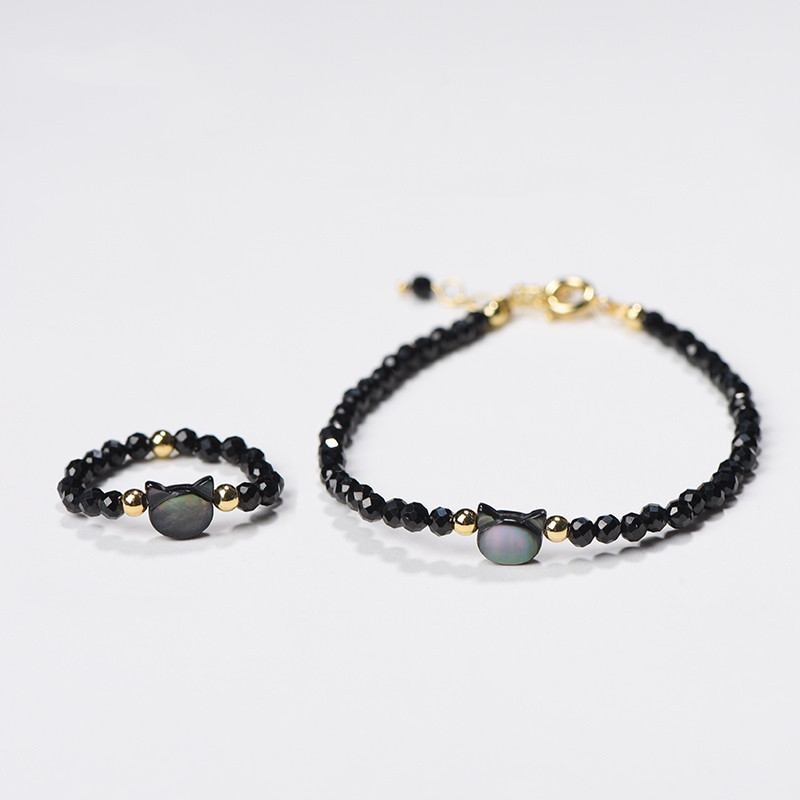 2PCS/Set Shiny Cute Black & White Cat Crystal Bracelet Ring Fashion For Women Men Couple Jewelry Set
