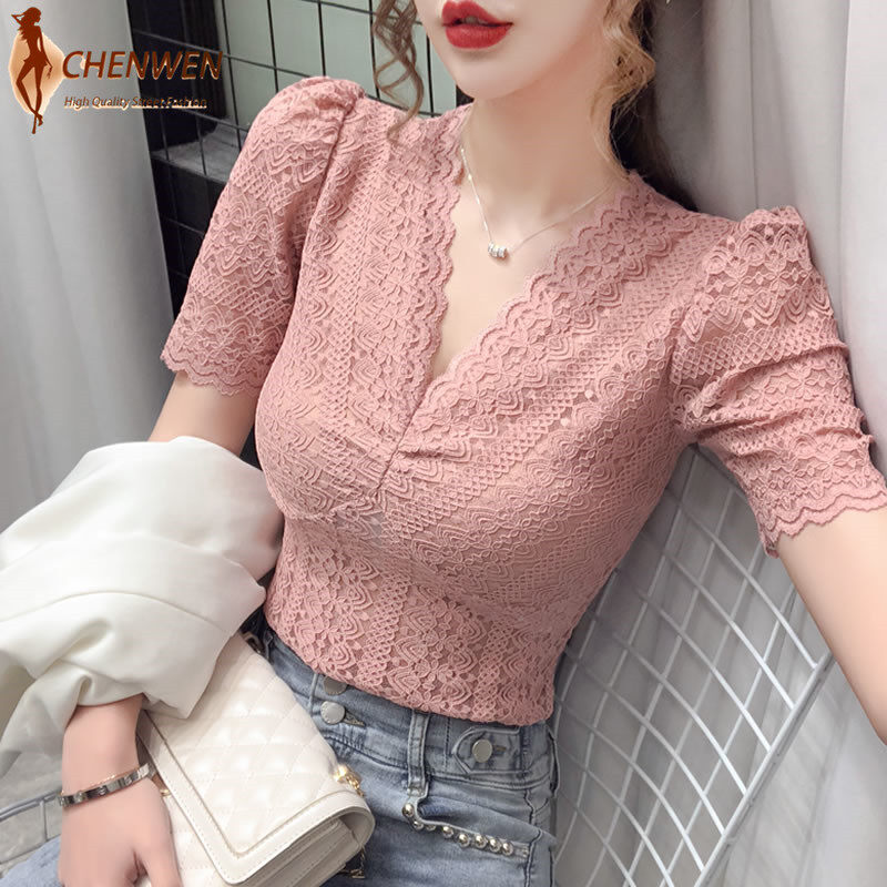 Ruidiandian 2024 Summer New Women V-neck Lace Blouses Shirts Female Short Puff Sleeve Hollow Out Solid Elasticity Tops Blouses Girls  S M L XL 2XL 3XL