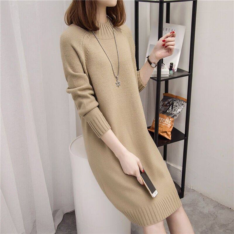 Dress Women's Autumn/Winter Slim Sweater Dress 2021 Pure Color Round Neck Long Sleeve Knit Dress Women 10 Colors