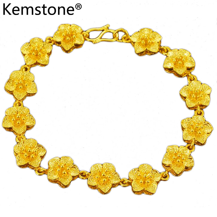 Kemstone Fashion 24K Gold Plated Alluvial Gold Flowers Link Bracelet Wedding Jewelry Gift for Women Girls