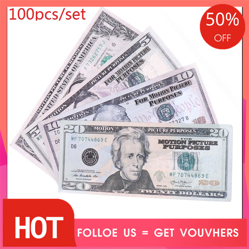 100pcs Fake Money 1,5,10, 20,50,100 Dollar Double Sided Full Print Fake Dollars