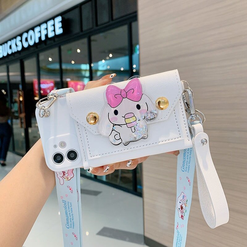 Case For iPhone 15 14 12 11 13 Pro Max Mini X XS Max XR 6 6S 7 8 Plus SE 2020 Cartoon Quicksand Wallet Strap Phone Case