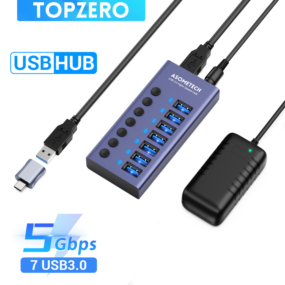 Topzero 7/10 port usb 3.0 hub usb hub 3.0 multi usb splitter 5gbps speed + 60w power adapter 7/10port multiple expander 3.0 usb hub with switch for pc laptop