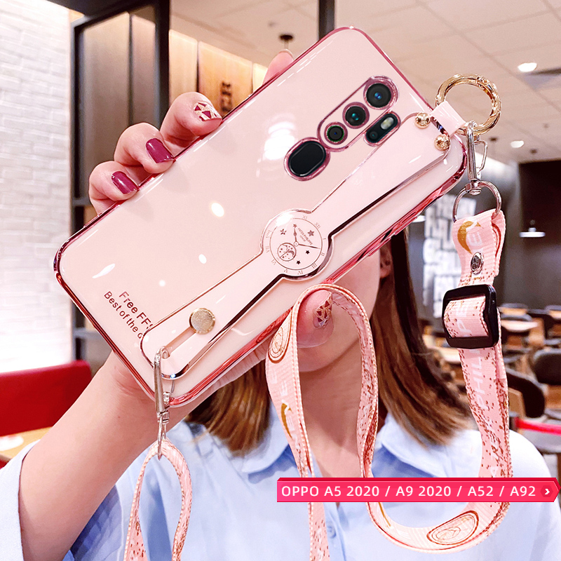 Wristband phone case for oppo a5 2020 / oppo a9 2020 / oppo a92 / oppo a52 casing with free long lanyard , electroplating candy color case with camera protection case