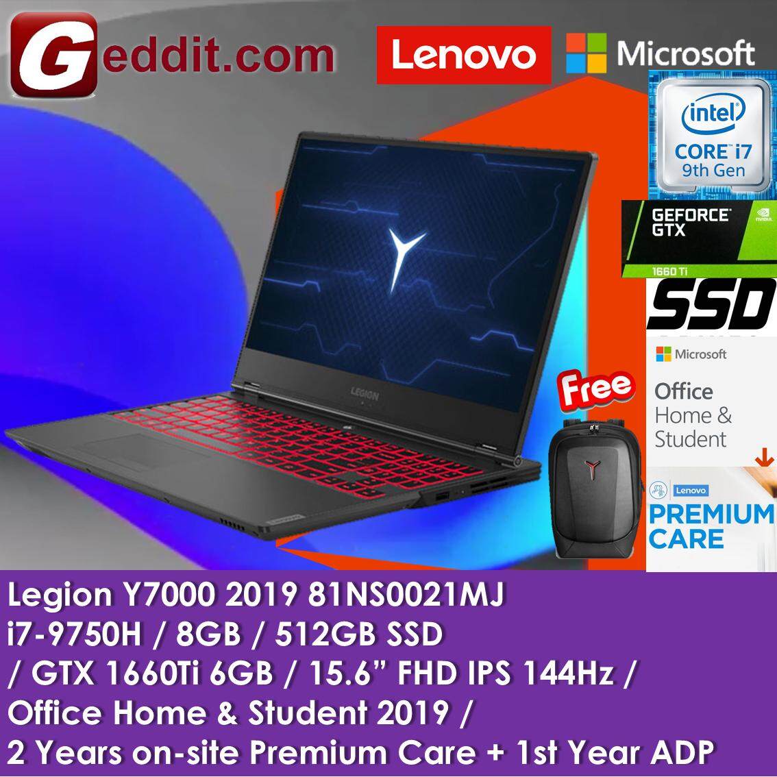 LENOVO GAMING LAPTOP LEGION Y7000 2019 81NS0021MJ ( i7-9750H,8GB,512GB SSD,GTX1660TI 6GB,15.6 FHD 144Hz,WIN10 PRE-INSTALLED OFFICE H&S 2019 ) FREE ARMORED BACKPACK Malaysia