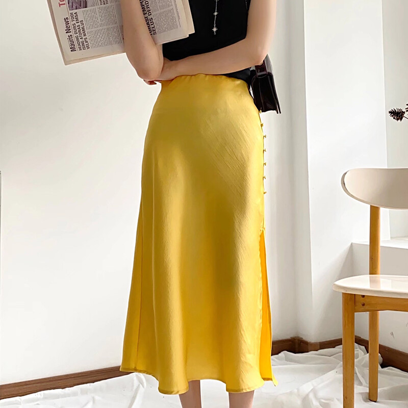 Willshela Women Fashion Long Skirt Bright Satin Textured Side Split and Zipper Elegant Sexy Casual Style Spring Summer Long Dress for Elegant Chic Ladies