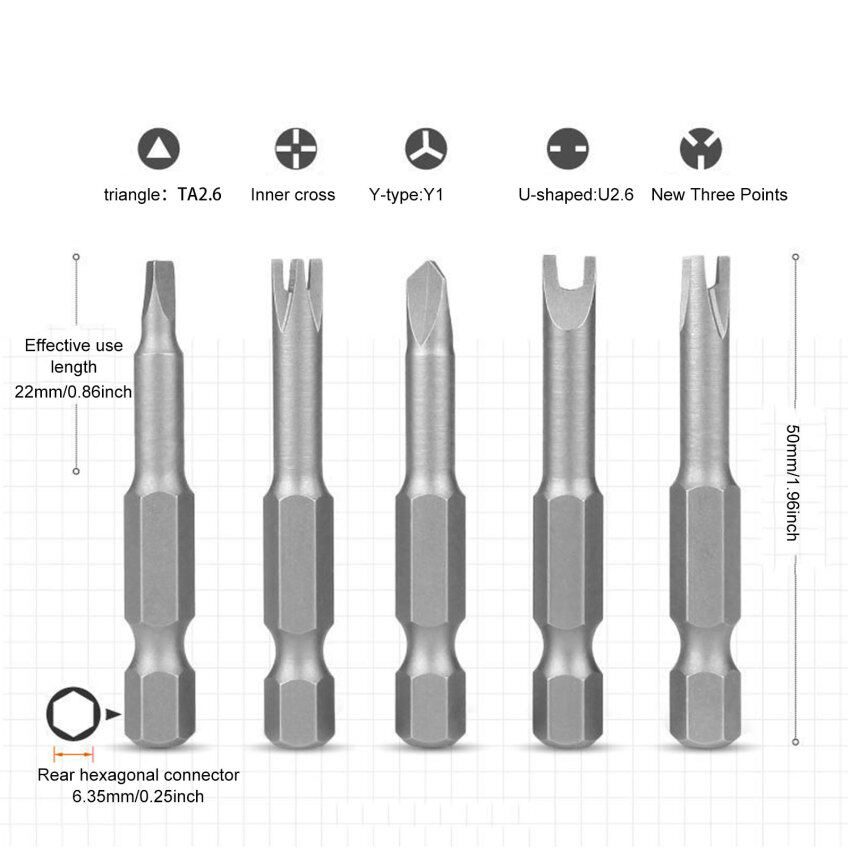 5Pcs 50mm Special-Shaped Screwdriver Set U-Shaped Y-Type Triangle Inner Cross Three Points Screwdriver Bit Tool