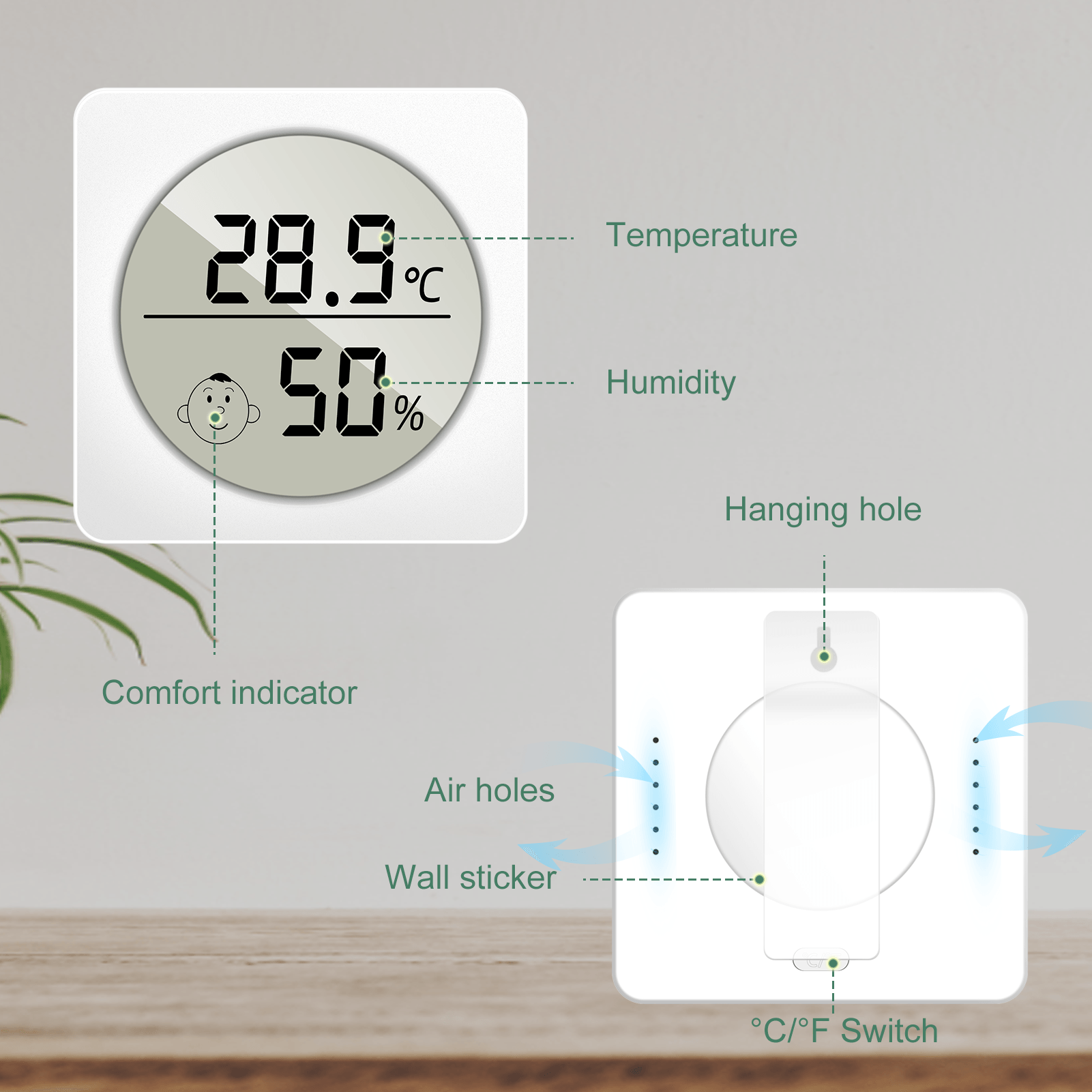 LCD Kỹ Thuật Số Nhiệt Kế Đo Độ Ẩm Trong Nhà Phòng Thuận Tiện Cảm Biến Nhiệt Độ Độ Ẩm Meter Smiley Bracket Hook Khe Cắm