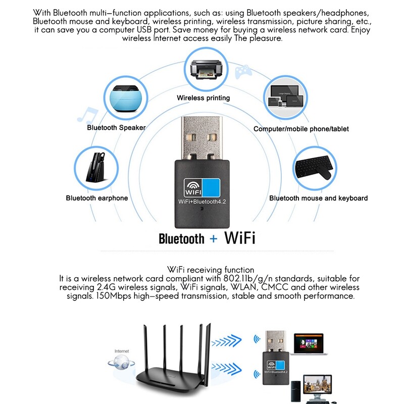 Wireless Network Card Wifi/Bluetooth Combo 150M Wifi Receiving Transmitter 4.2 Bluetooth