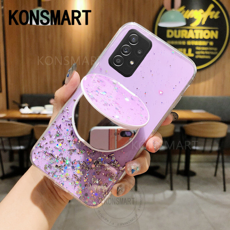 KONSMART New Case Samsung A23 LTE A33 A53 A73 A13 M33 M23 5G Ins Luxury Bling Glitter Star Space Phone Cover hp Samsung A13 4G 2022 Case With Make-up Mirror Stand Holder
