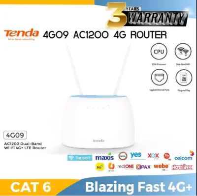 Tenda 4G09 4G+ CAT6 AC1200 Dual Band Gigabit Wireless Modem Router 2.4GHz+5GHz Wifi