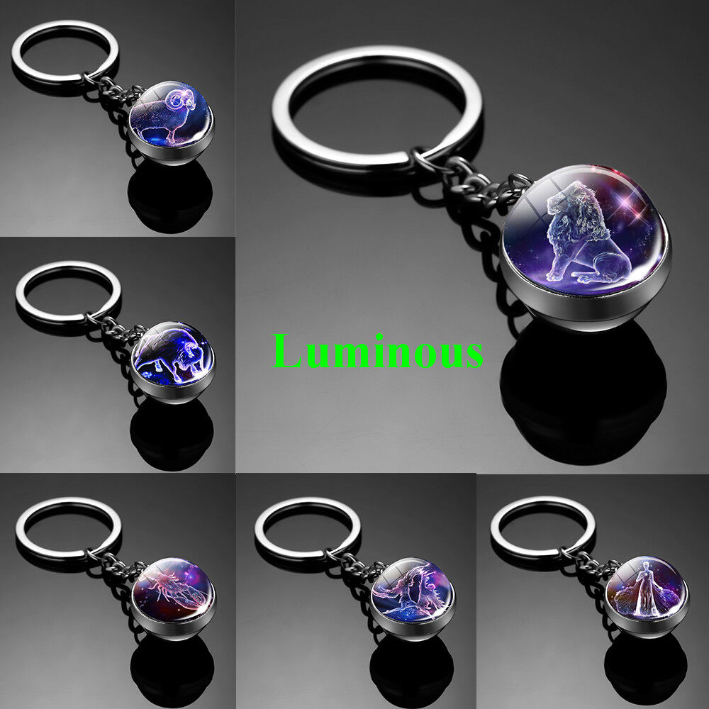 12 Constellation Luminous Keychain Glass Ball Pendant Zodiac Keychain Glow In The Dark Key Chain Holder Men Women Birthday Gift