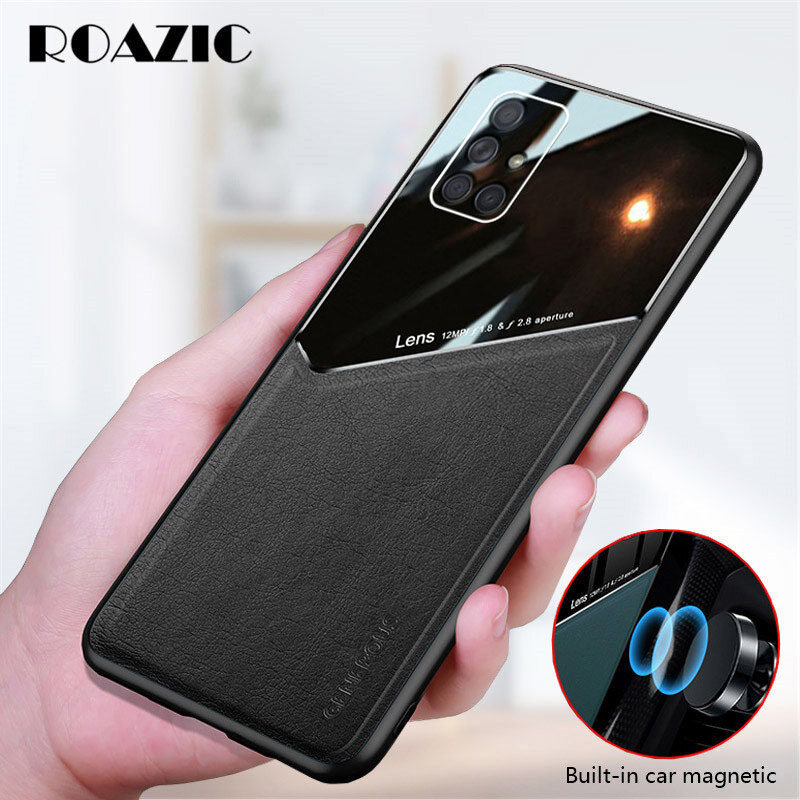 ROAZIC For Samsung Galaxy A51 A12 5G A21s Phone Case Luxury Leather Cover Built-in Car Magnetic Plate Glass Camera Protective Casing