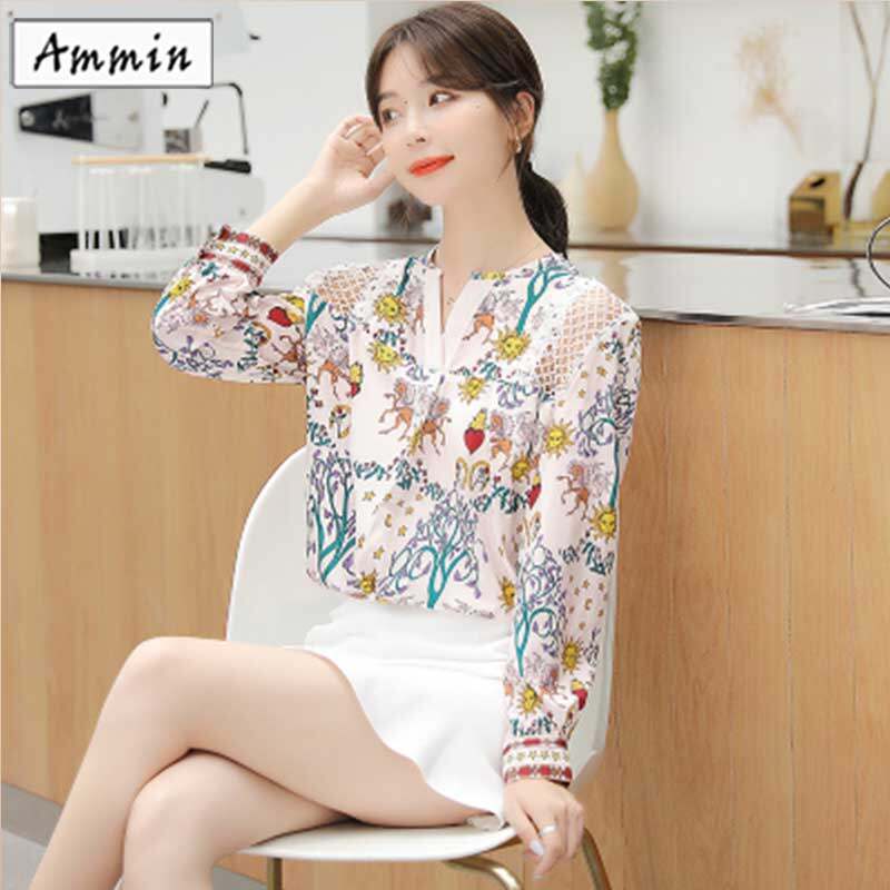 AMMIN Korean style new long-sleeved printed silk shirt women loose large size mulberry silk fashion casual blouse