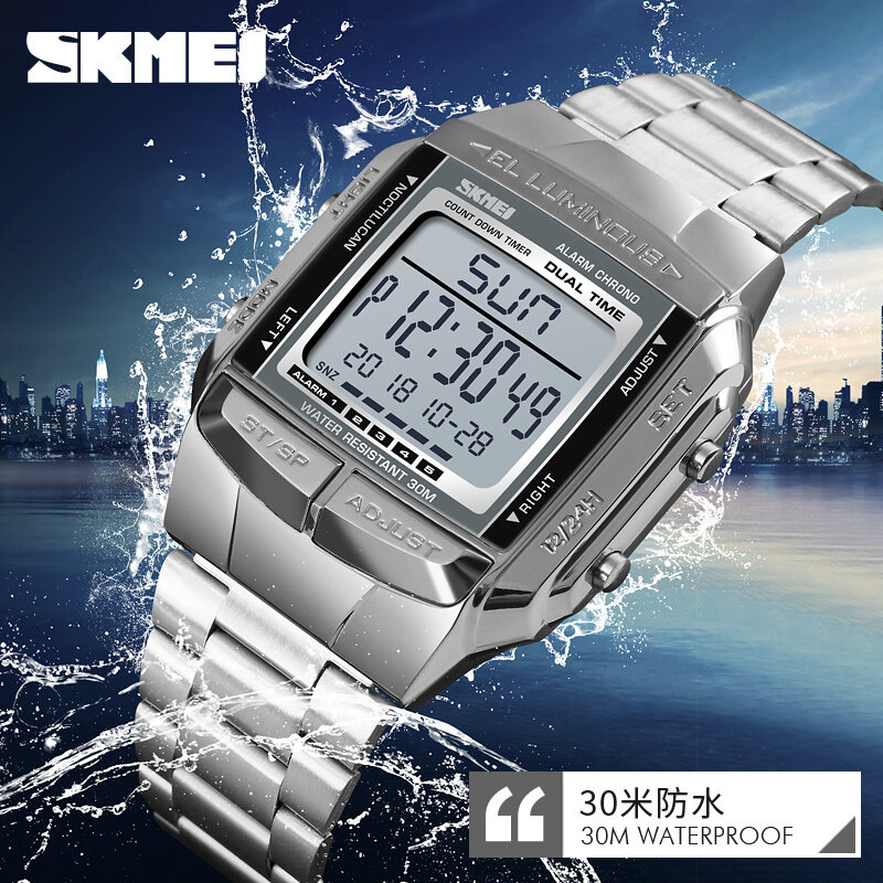 SKMEI Người Đàn Ông Mới Đồng Hồ Thể Thao Kỹ Thuật Số Đồng Hồ Đeo Tay Chống Thấm Nước Đồng Hồ Bấm Giờ Thép Không Gỉ Thời Trang Xem Đối Với Đồng Hồ Nam 1381