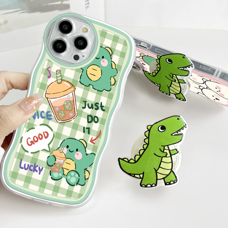 (With Free Holder) Jizetin Phone Casing For Xiaomi Redmi Note 10 Note 10S Note 10 Pro Note 10 5G Note 9 Note 8 Fashion Soft Wavy Phone Case Dinosaur Cartoon Shockproof Cellphone Casing Full Cover Camera Protection