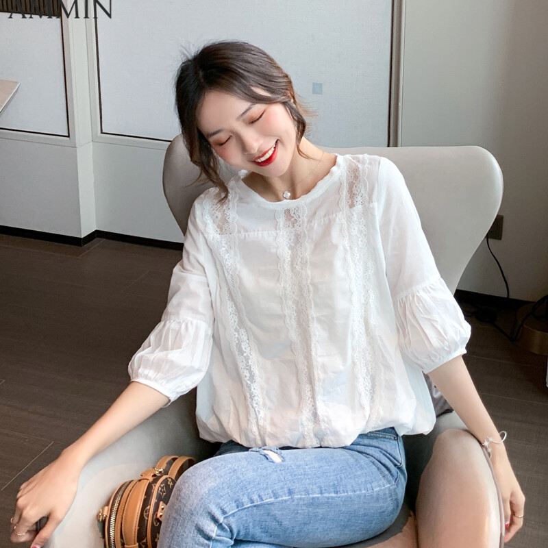 AMMIN 3/4-sleeve lace shirt For women new floral lantern sleeve chiffon shirt hollow top chiffon Blouse