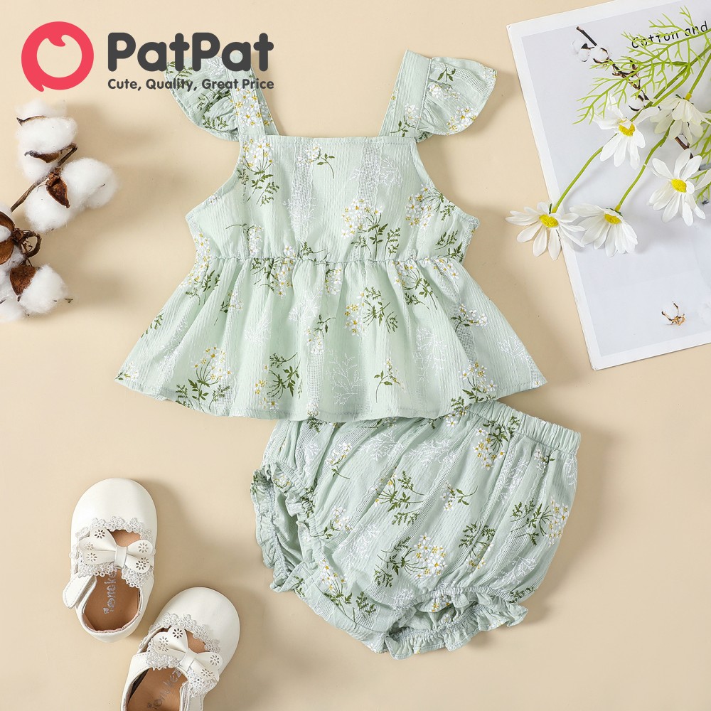 PatPat 2pcs Baby Girl 100% Cotton Floral Print Ruffle Hem Flutter-sleeve Top and Shorts Set