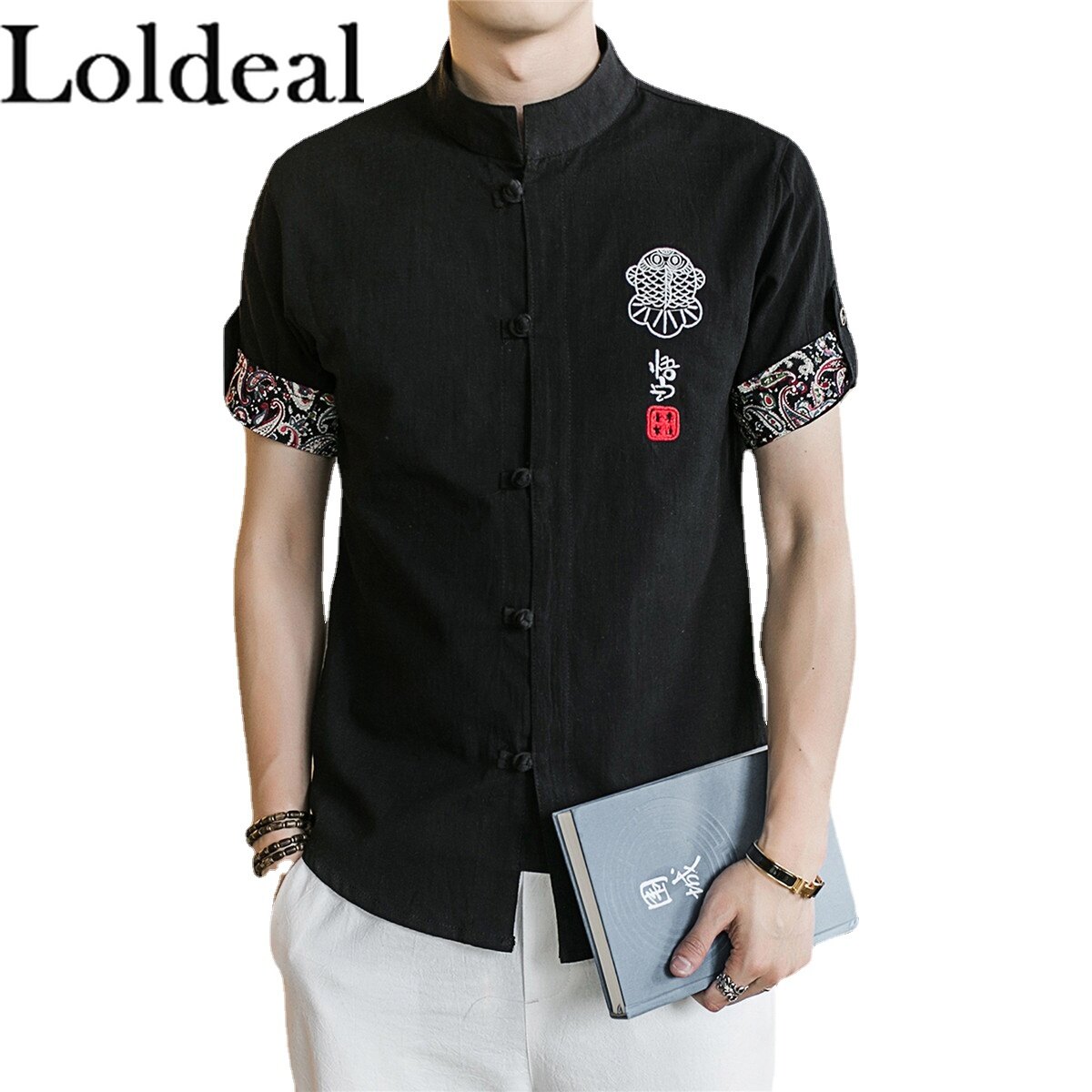 Loldeal Chinese Style Short Sleeve Shirt Linen Soft Button Embroidered Stand Collar