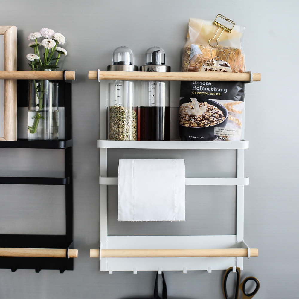 Kệ sắt từ tính để đồ tủ lạnh 4 tầng, giá để đồ tủ lạnh bằng gỗ lắp cạnh bên tủ bếp