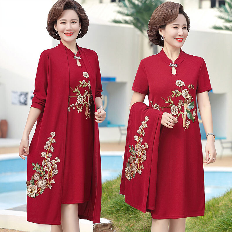 Mother's Spring and Autumn Dress Two-piece Knee Length Middle-aged and Elderly Women's Wedding Party Dress