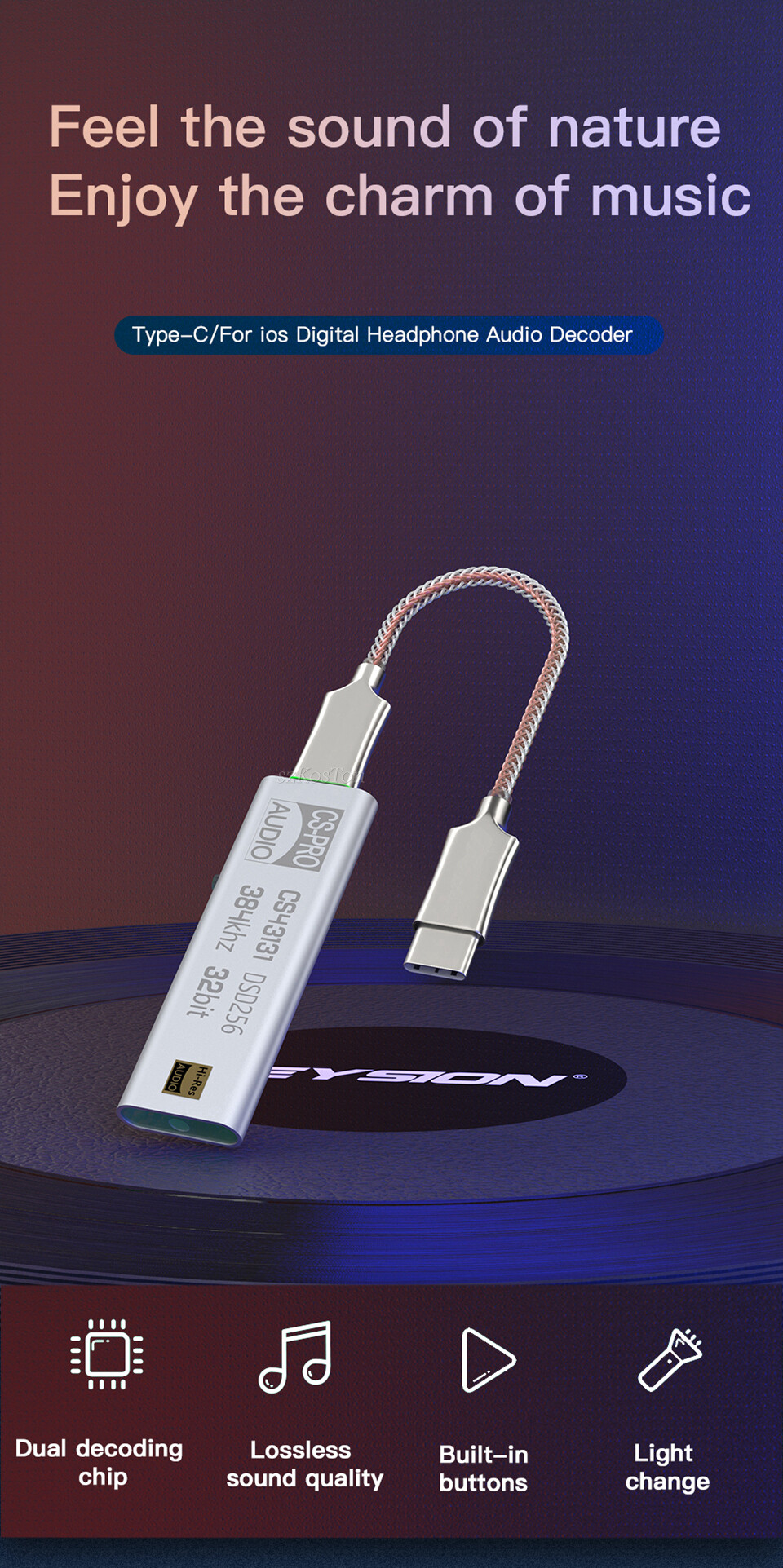 Bộ khuếch đại tai nghe DAC cs43131 dsd256 loại USB C với giao tiếp âm thanh đầu ra 3.5mm để iPhone Máy tính để bàn chip Đầu chuyển âm thanh Hifi AMP