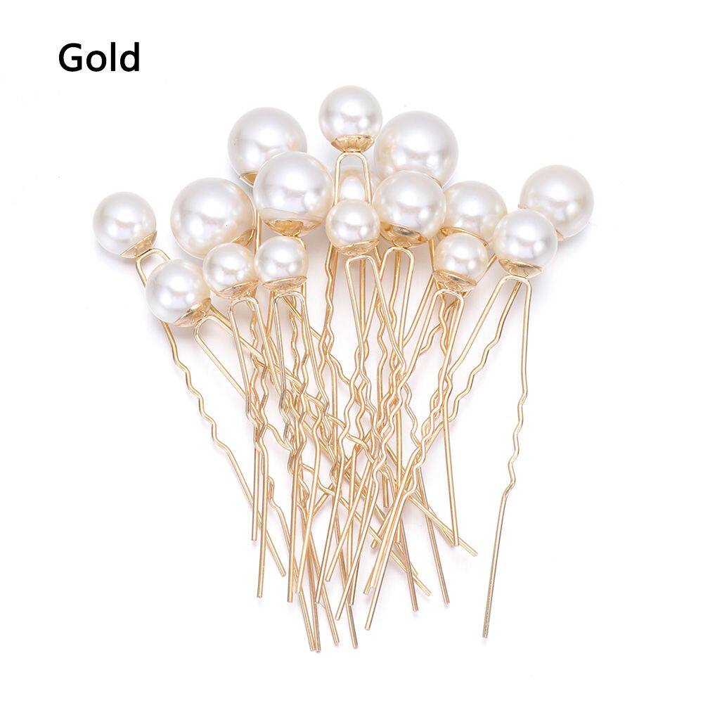 16Pcs/Pack Pearl Hair Pins Women U-shaped Pin Metal Barrette Clip Hairpins Simulated Pearl Bridal Tiara Hair Accessories Wedding Hairstyle Design Tools
