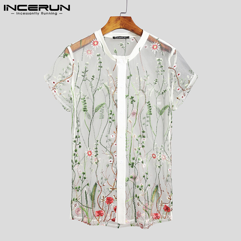 Medussa INCERUN Men Short Sleeve See Through Floral Mesh Shirt Muscle Party Blouse Top Tees