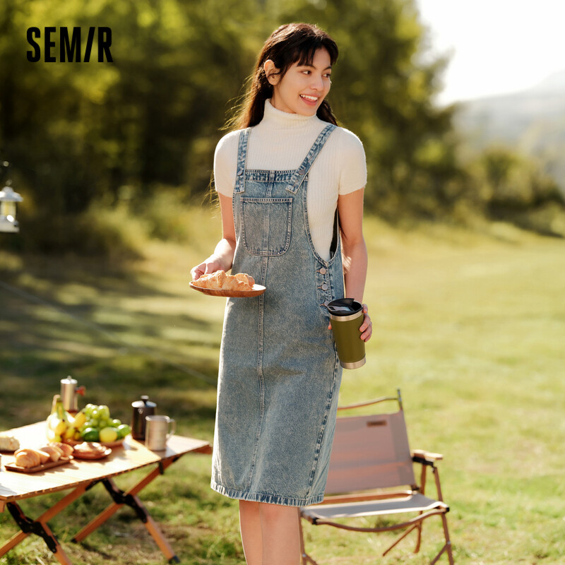 Semir Denim Strappy Dress Female Do Old Retro Street Trend Spring 2024 New Salt System Open Fork Dress Girls