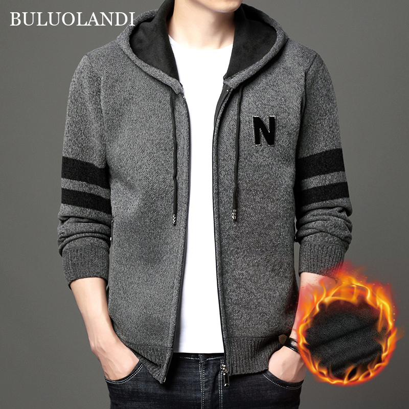 BULUOLANDI Fleece Knitted Jacket Men's Winter Hooded Thick Warm Zipper Men's Sweater Coats